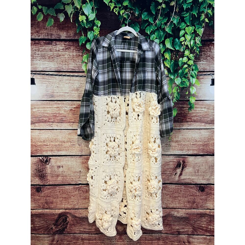 Flared Bell Sleeve Flannel Afghan Upcycled Duster Cardigan Plaid Floral One Size